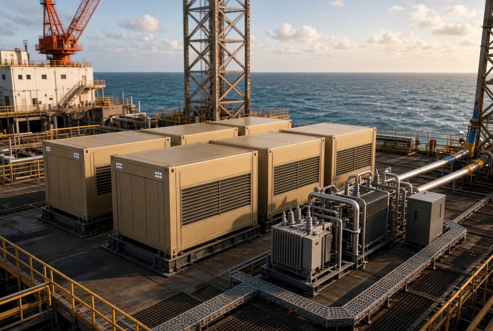 Photorealistic view of modular compute containers installed on an offshore platform deck, with cranes, ocean, and sky in the background.